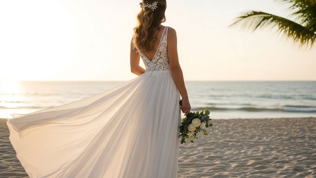 Elegant chiffon beach wedding dress with lightweight fabric flowing in ocean breeze during destination wedding ceremony