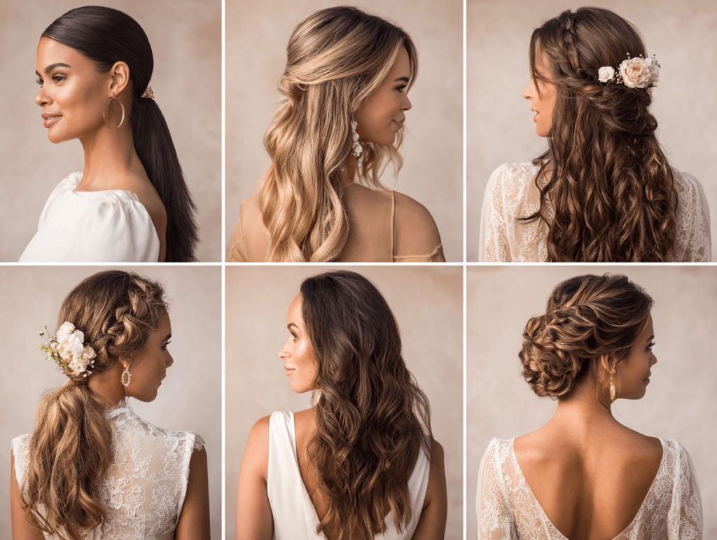 Beautiful bridal hairstyles for women including classic bun, loose curls, and braided wedding hair