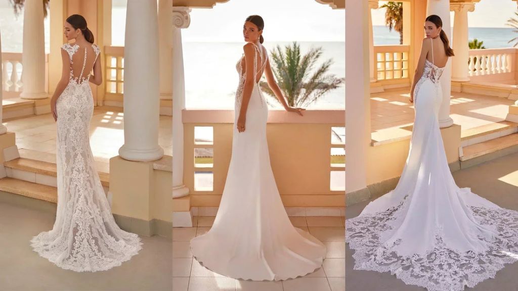 Bride choosing elegant wedding dress in a California bridal boutique fitting room