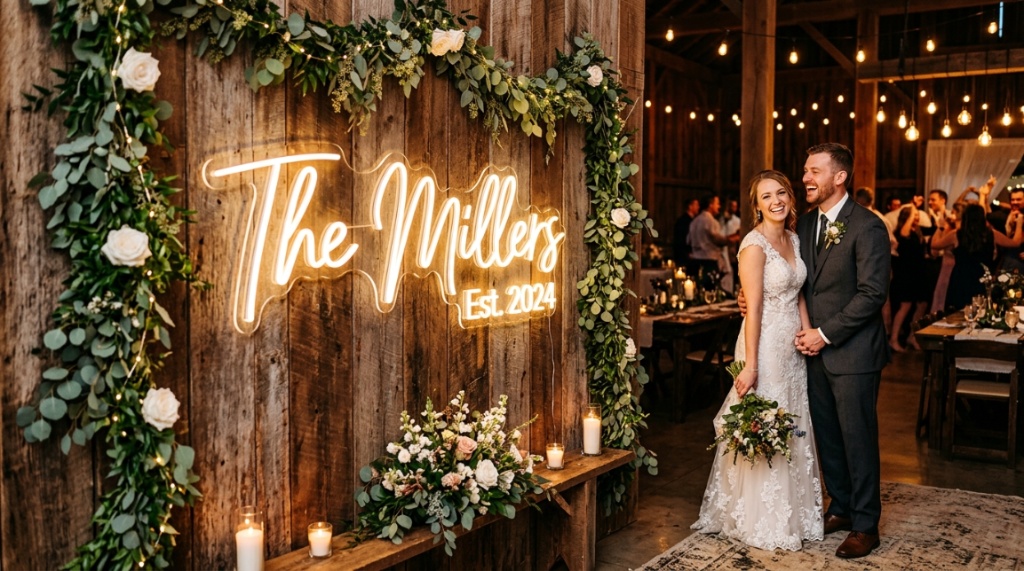 Bride and groom posing under bright custom wedding LED sign