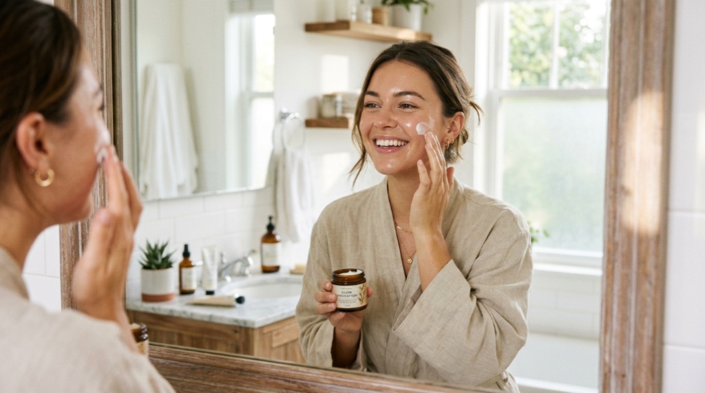 Woman applying facial moisturizer in a bright, modern bathroom mirror.